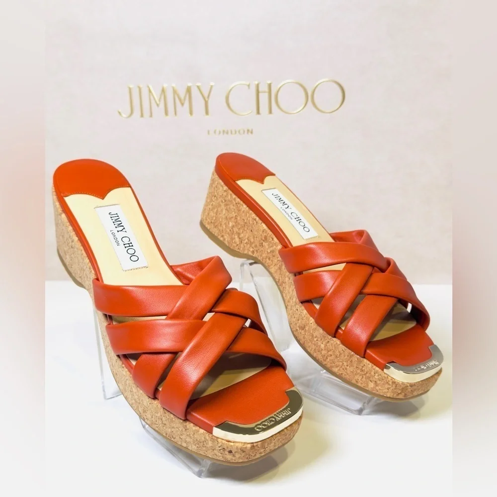 Jimmy Choo Maribou 50 Platform Wedge Slide Sandals Orange Napa Leather Size 38